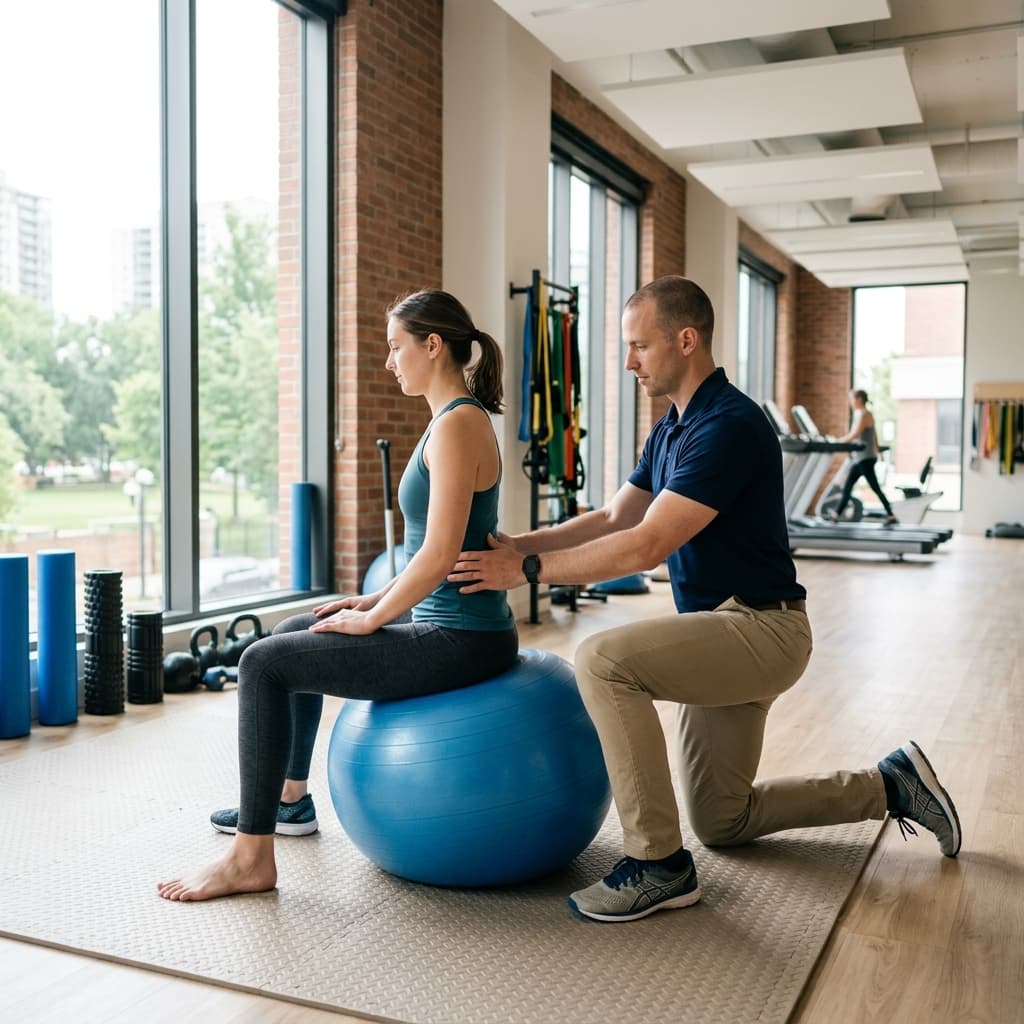 Guided exercise therapy session with therapy ball